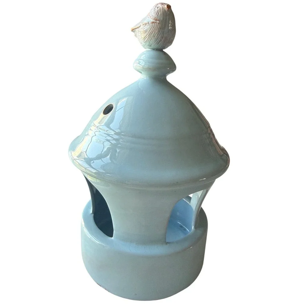 Marjolein Bastin Hallmark License Ceramic Bird Feeder Blue Glaze MB Mark Signed